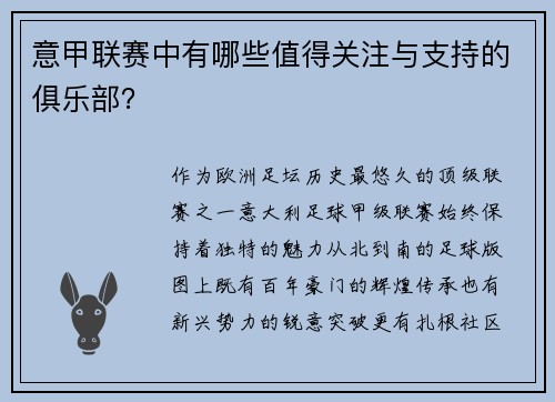 意甲联赛中有哪些值得关注与支持的俱乐部？
